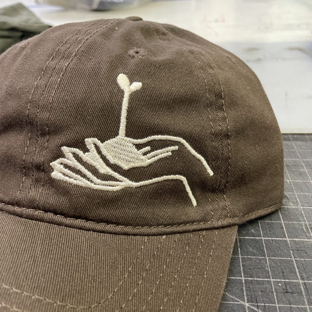 Close up of embroidered dad hat for small business